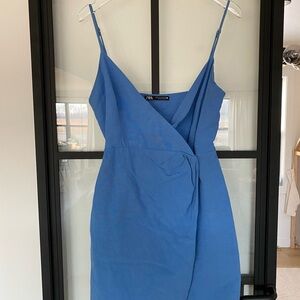 Zara Blue Wrap Mini Dress Sleeveless Adjustable Straps V-Neck Size S